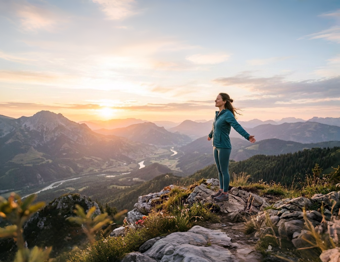A person standing on a mountain ridge at sunset with arms open, representing growth, freedom and hope with EchoSoul